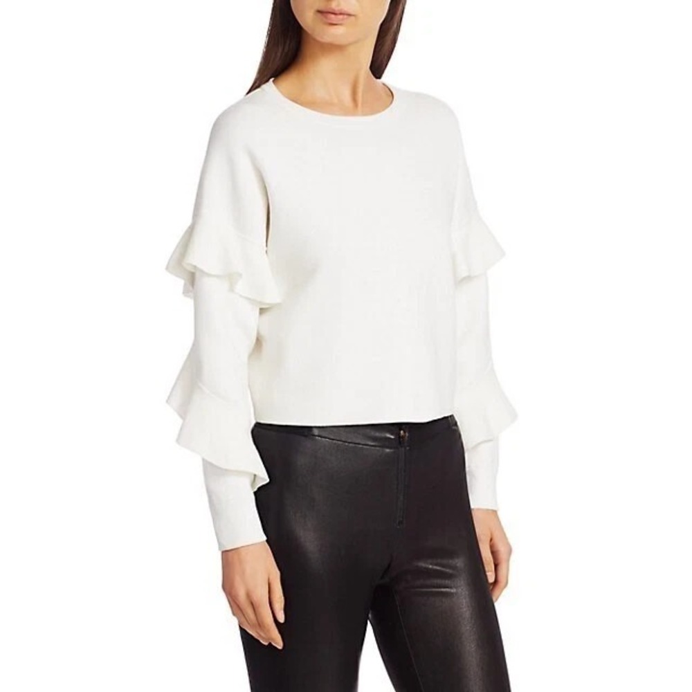 Alice + Olivia Nettie Ruffle Sleeve Crewneck Sweater Ivory Alice & Olivia